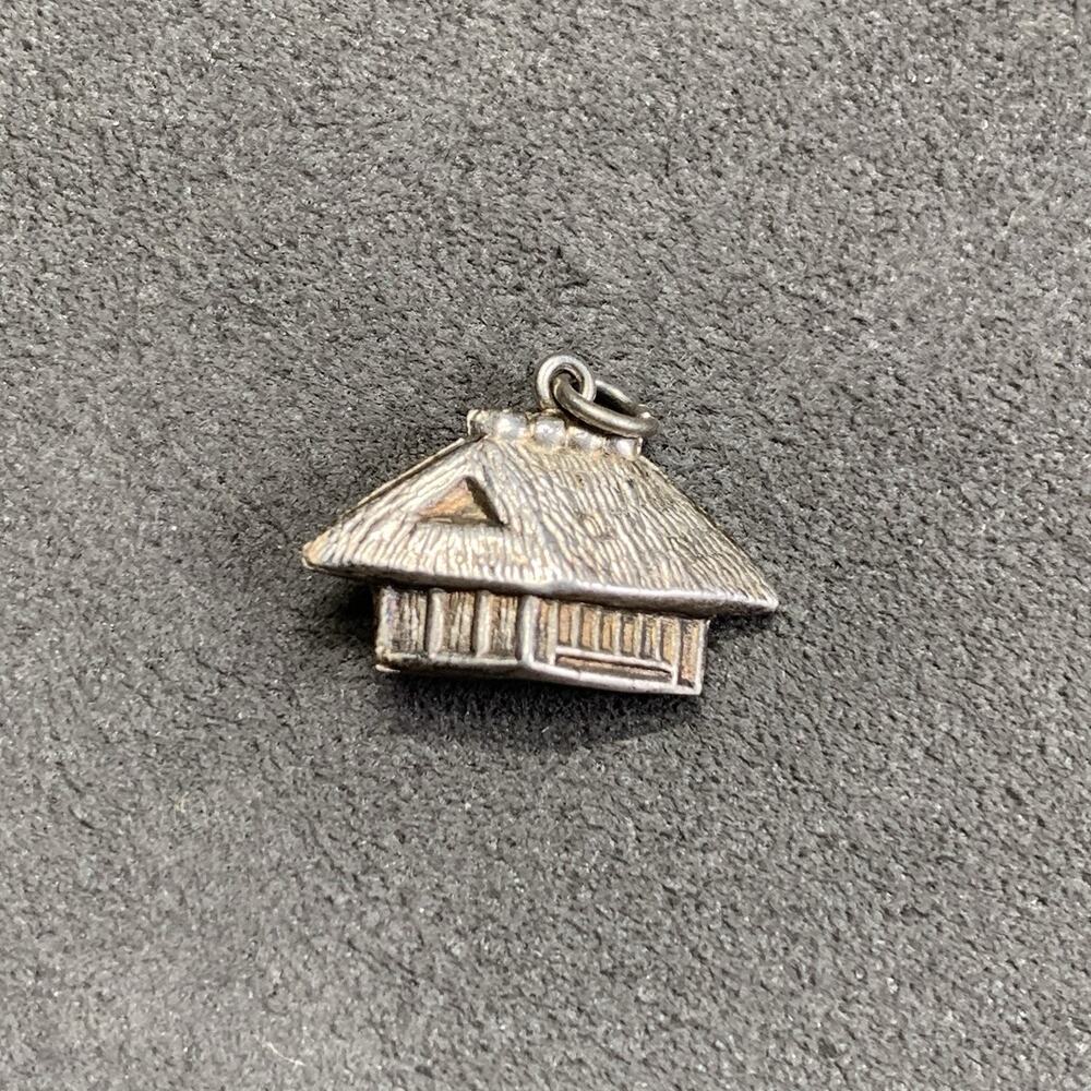 Vintage Straw Hut Building Dangle 3D Puffy Charm Sterling Silver 925